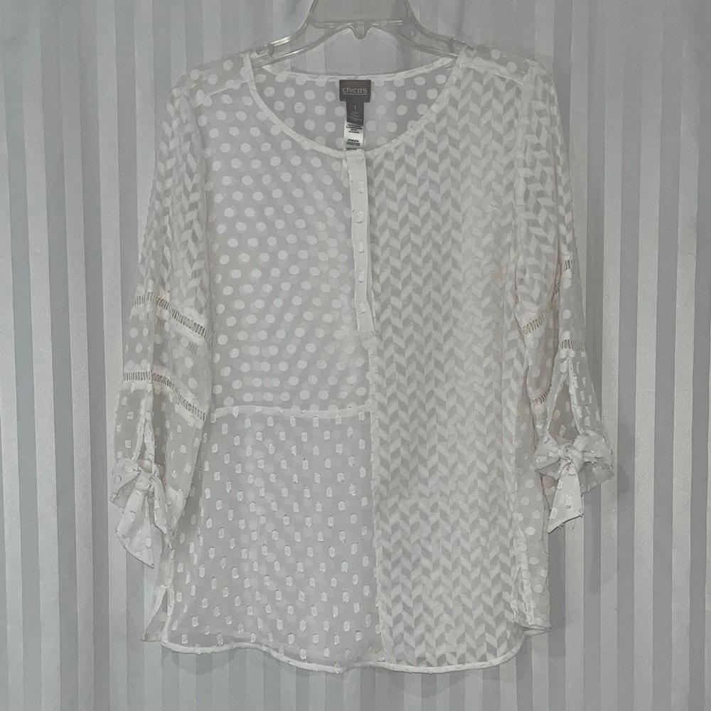 Chico's White Mixed-Pattern Sheer Tie-Sleeve Blouse